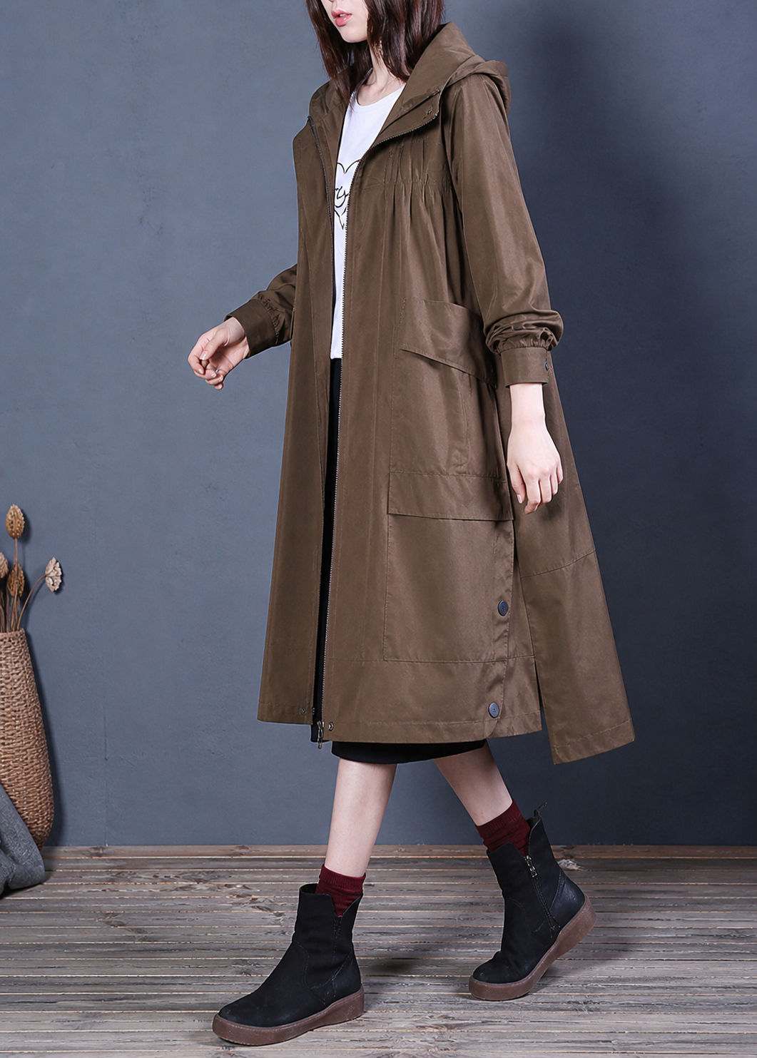 Kvinnors Trenchcoat med Luvhuva och Blixtlås