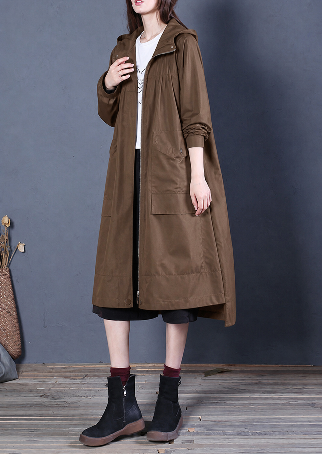 Kvinnors Trenchcoat med Luvhuva och Blixtlås