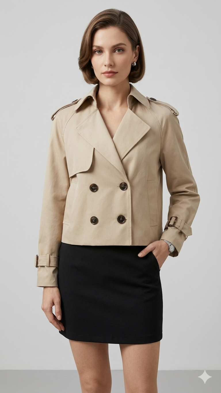 Kort Trench Coat - Skärp - Dubbelknäppt - Beige Trench Coat - Trench Coat Dam