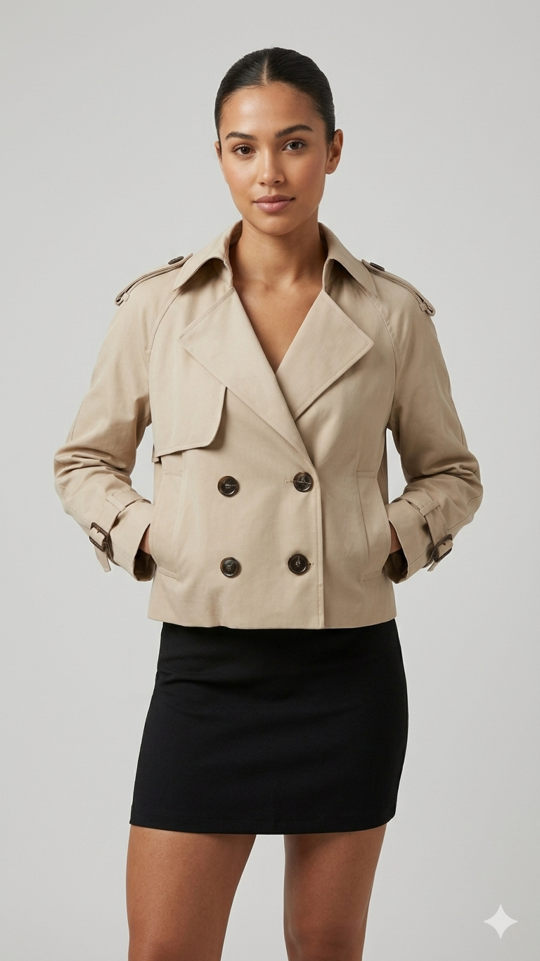 Kort Trench Coat - Skärp - Dubbelknäppt - Beige Trench Coat - Trench Coat Dam