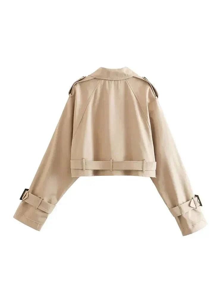 Kort Trenchjacka - Beige dubbelknäppt kort Trenchjacka med skärp för kvinnor
