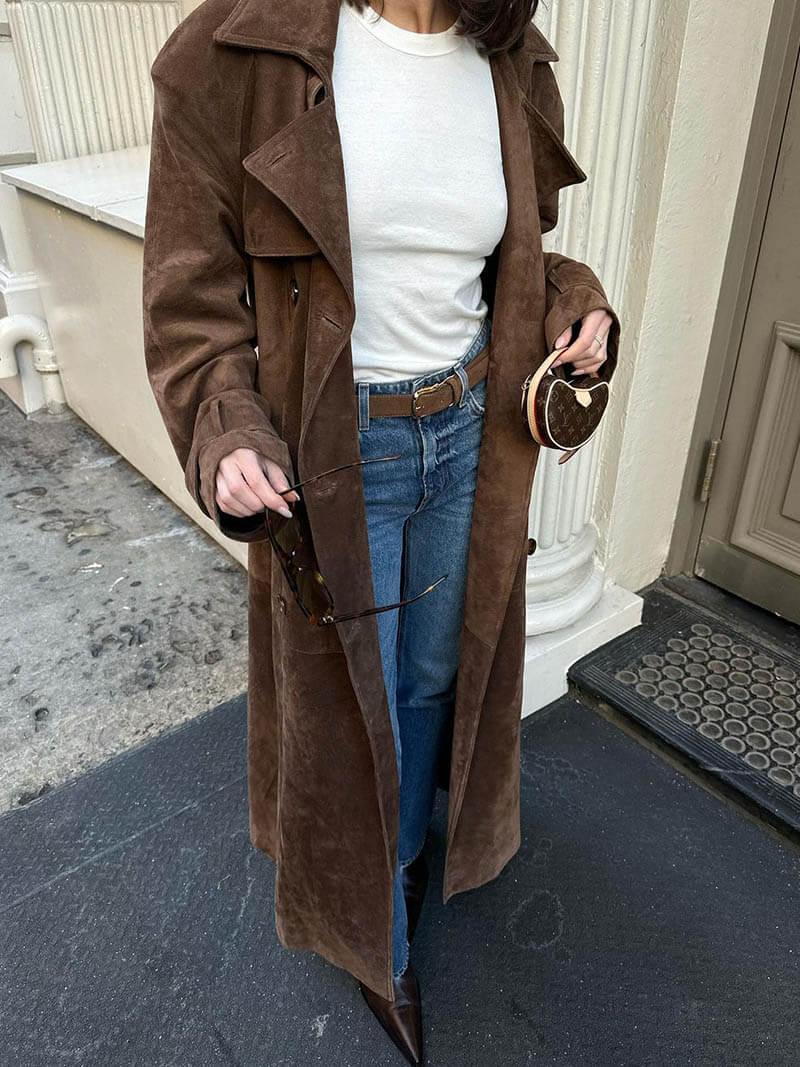 Kvinnors Lång Trench Coat i Brunt för Höst & Vinter