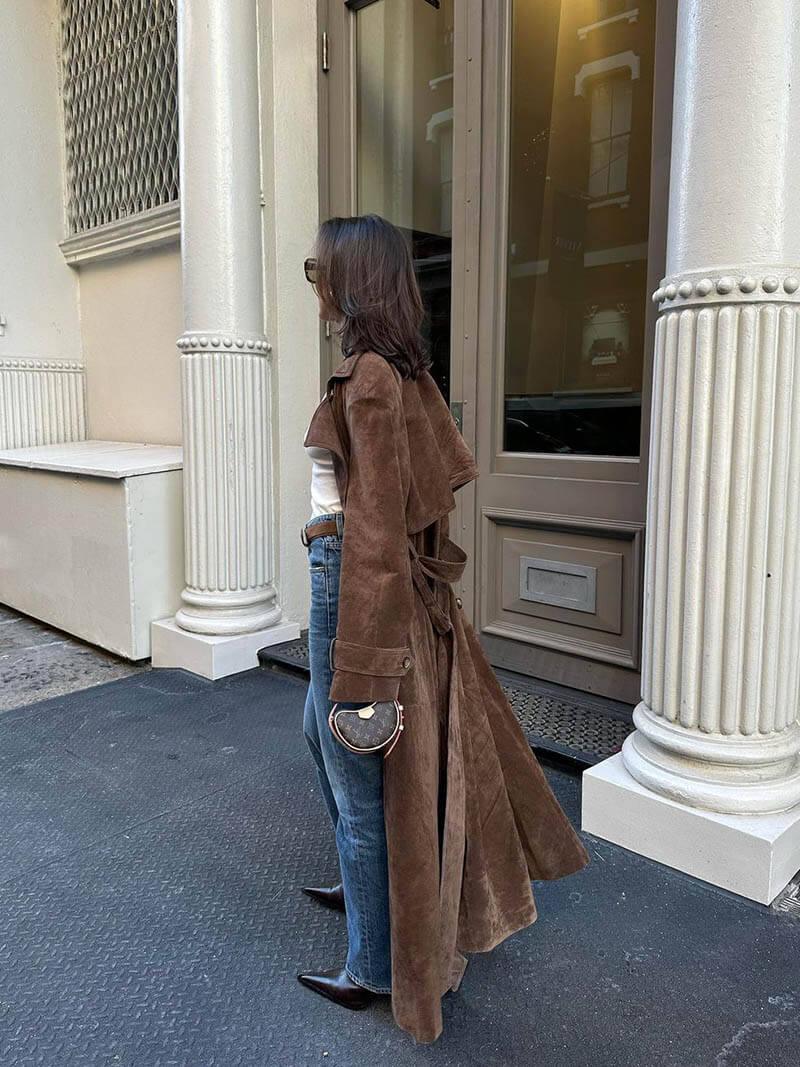Kvinnors Lång Trench Coat i Brunt för Höst & Vinter