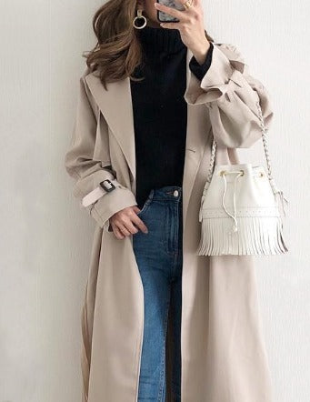 Lång Trench Coat - Enkelknäppt Beige Vattentät Trench Coat för kvinnor