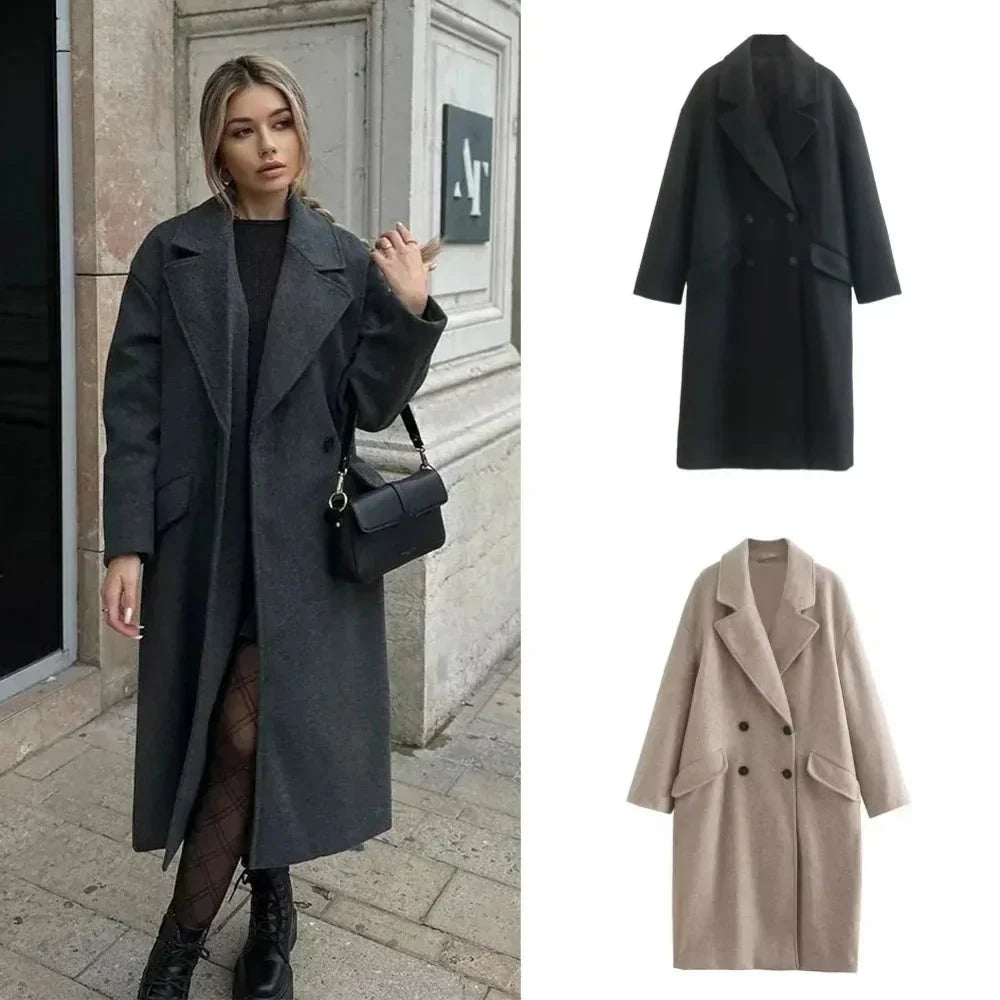Trenchcoat i ull - Dubbelknäppt - Rymlig - Lång ullkappa - Vinterkappor & jackor för dam