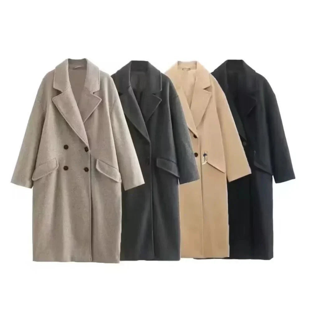 Trenchcoat i ull - Dubbelknäppt - Rymlig - Lång ullkappa - Vinterkappor & jackor för dam