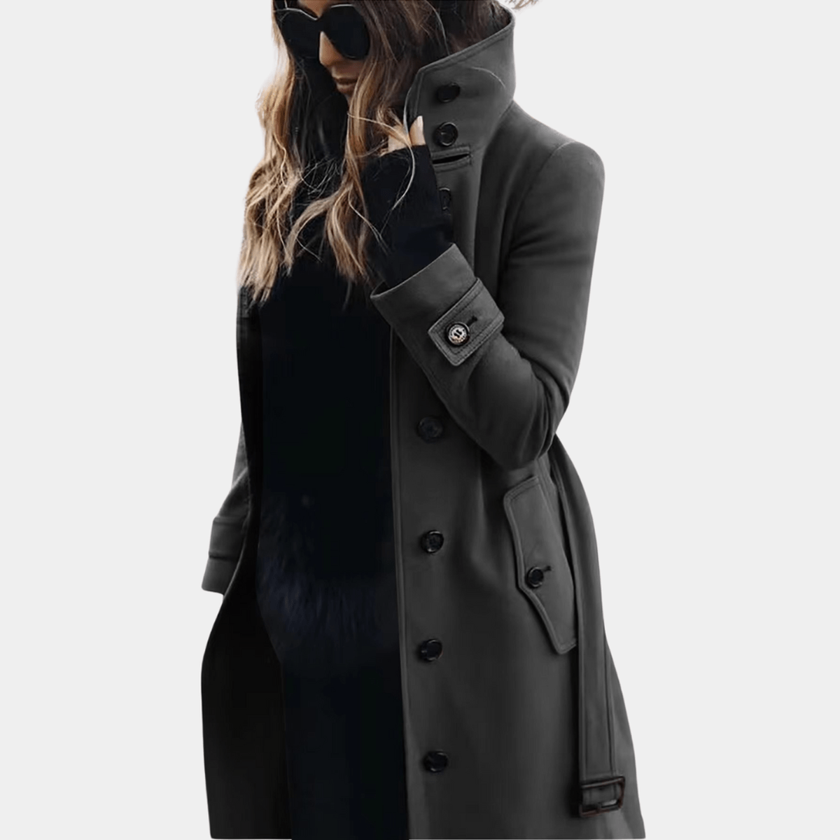 Alicia, lång midjesmal trenchcoat i mörkgrått, framifrån