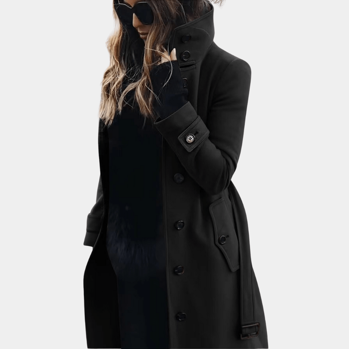 Alicia, lång midjesmal trenchcoat i svart, framifrån