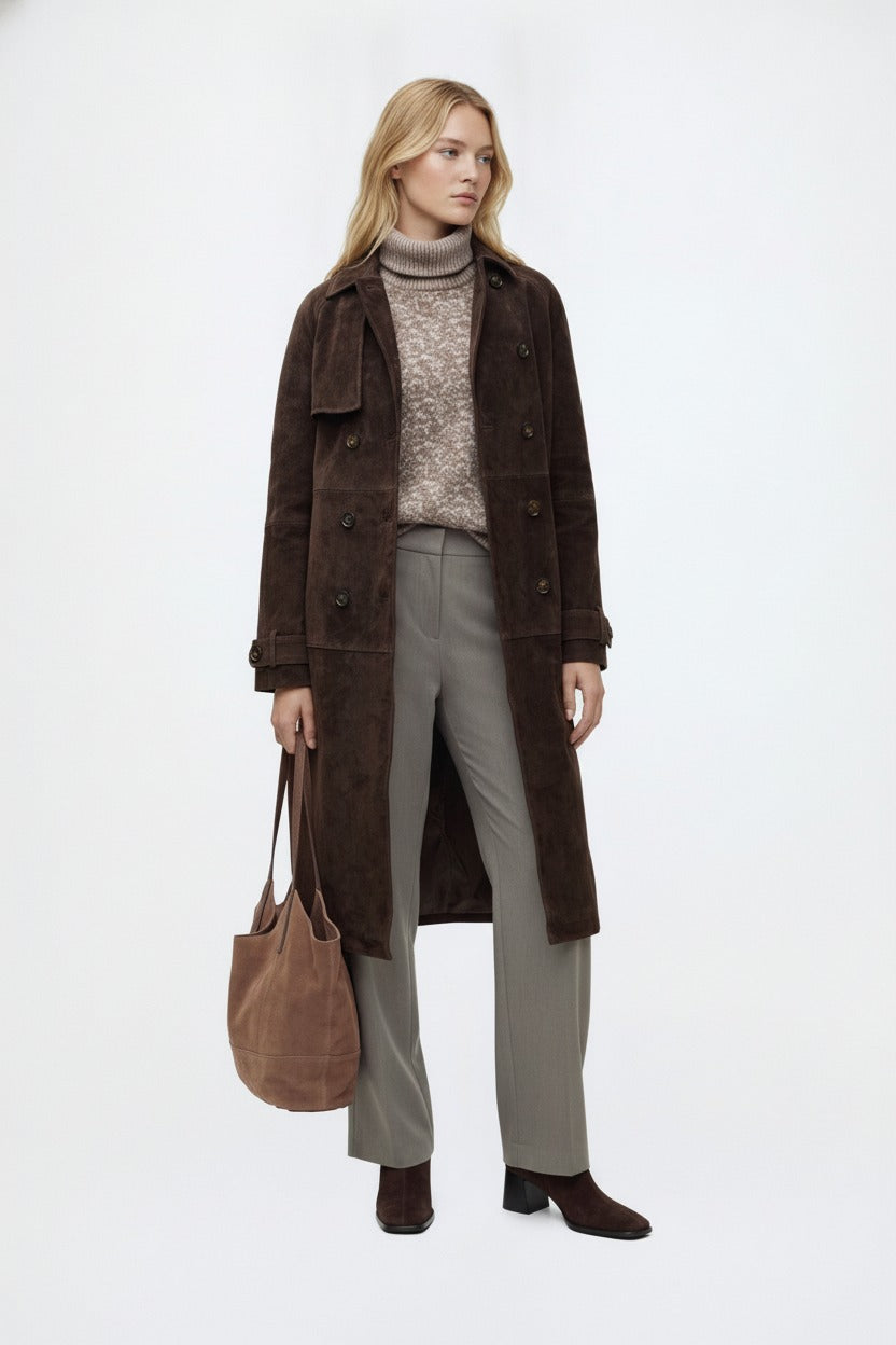 Edith, mörkbrun lång trenchcoat i mockaimitation, helfigur framifrån