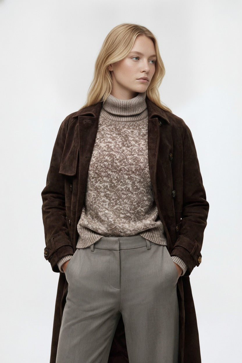 Edith, mörkbrun lång trenchcoat i mockaimitation, framifrån