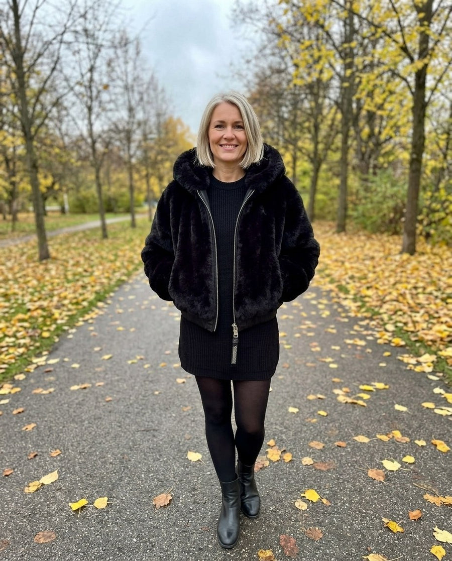 Stina, fuskpälsjacka med huva för dam i svart, stylinginspiration i en höstpark