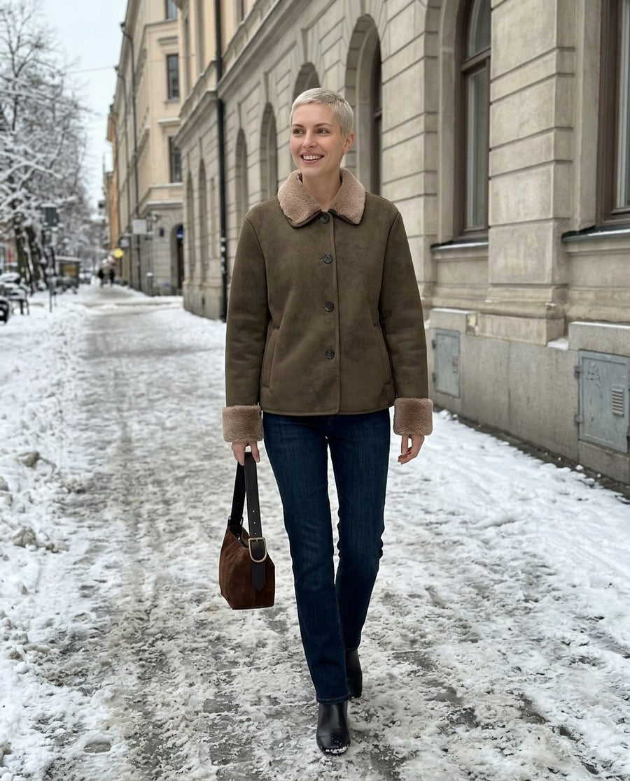 Elsa, kort damjacka i mockalook med teddykrage i olivbrun, stylinginspiration på en snöig gata