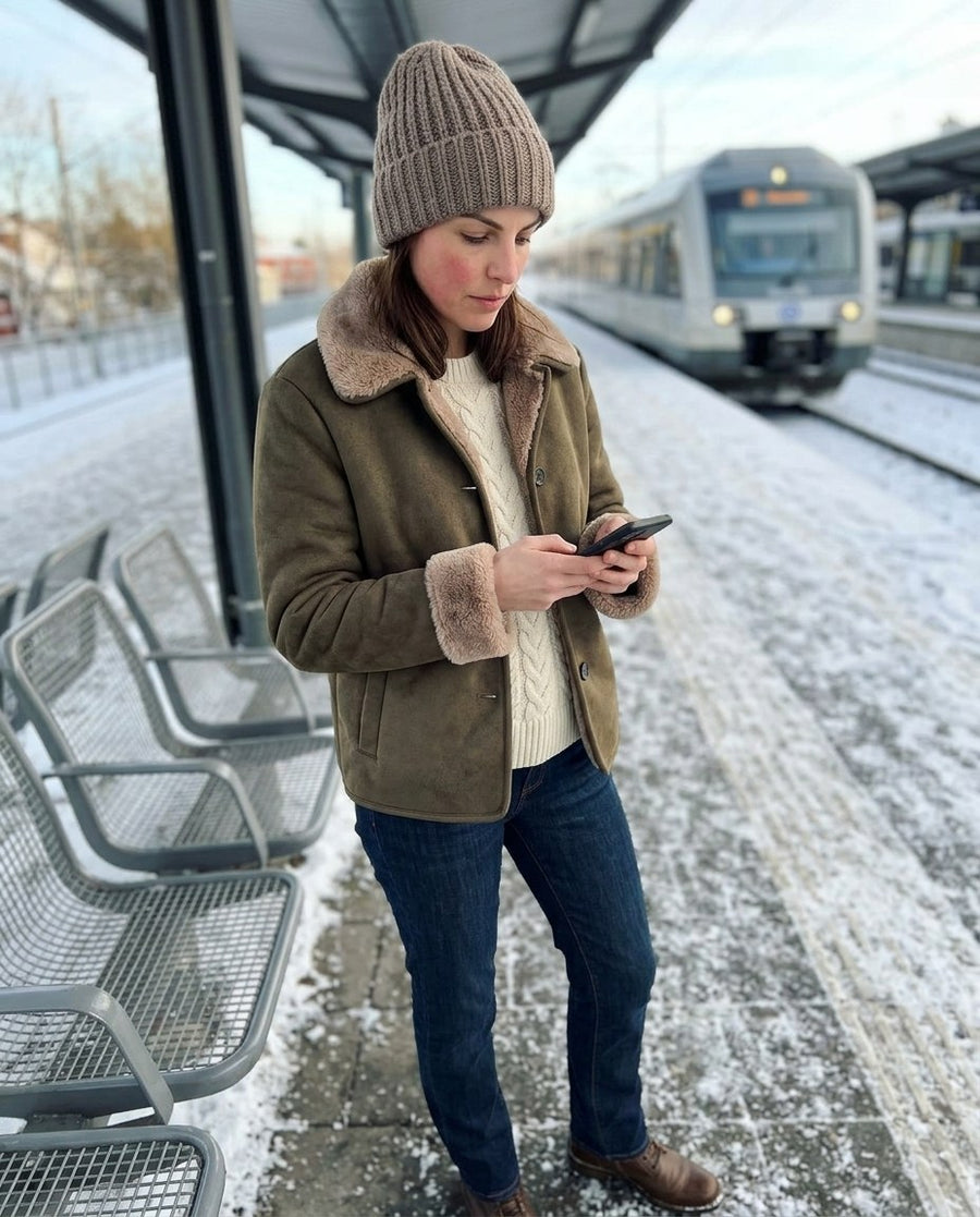 Elsa, kort damjacka i mockalook med teddykrage i olivbrun, stylinginspiration på en perron