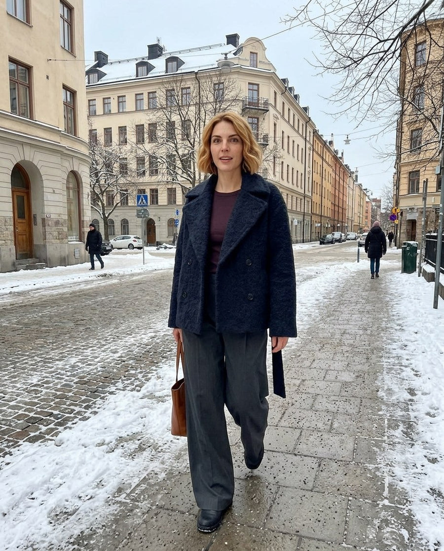 Vilda, kort dubbelknäppt kappa med slagkrage för dam i mörkblå, stylinginspiration på en snöig gata