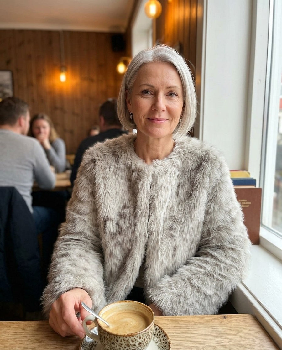 Maja, kort fuskpälsjacka med djurmönster för dam i ljusgrå, stylinginspiration på ett kafé