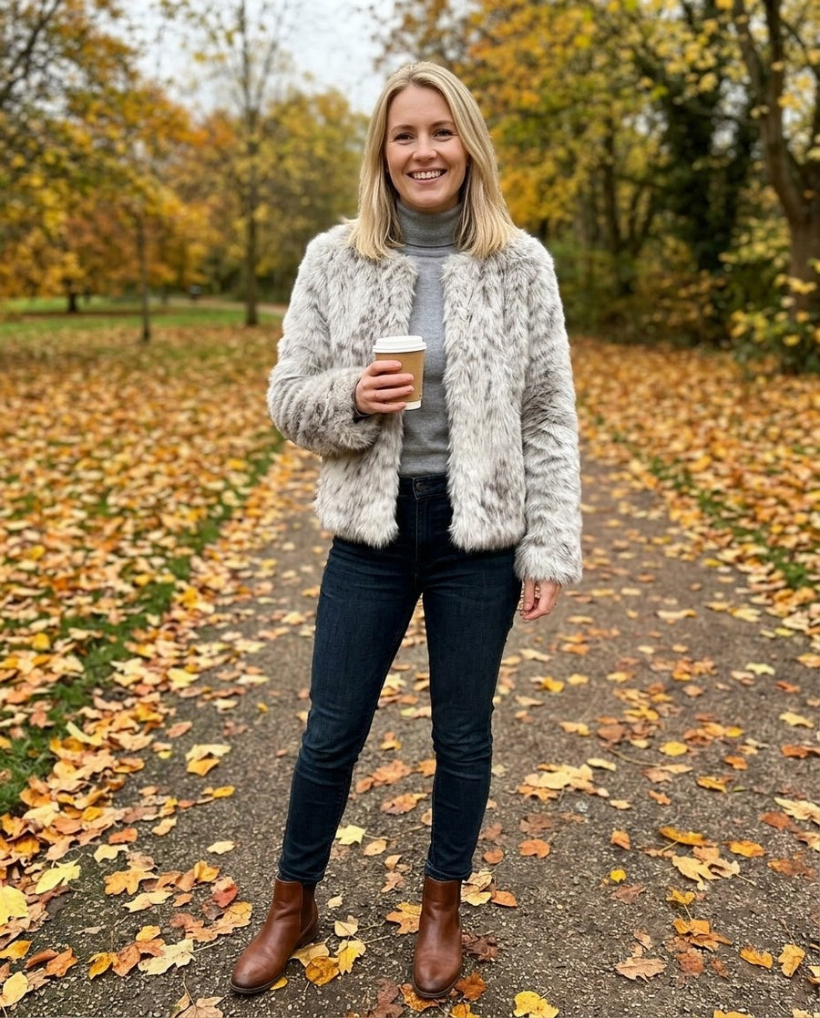 Maja, kort fuskpälsjacka med djurmönster för dam i ljusgrå, stylinginspiration i en höstpark