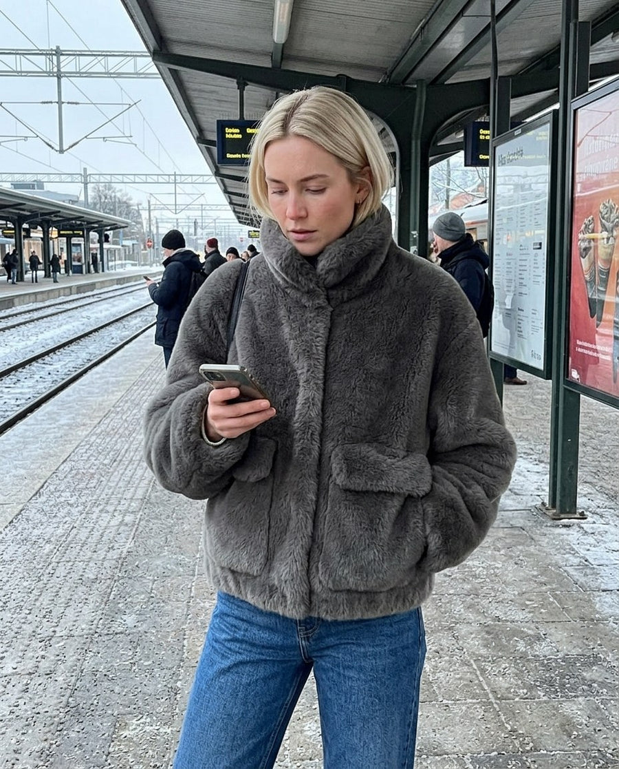 Hedda, kort jacka i mjuk fuskpäls för dam i grå, stylinginspiration på en perron
