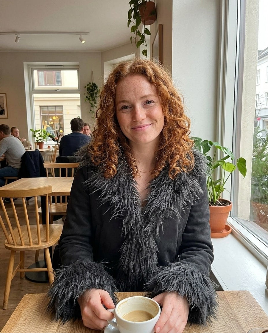 Selma, kort jacka med fuskpälskant för dam i svart, stylinginspiration på ett kafé