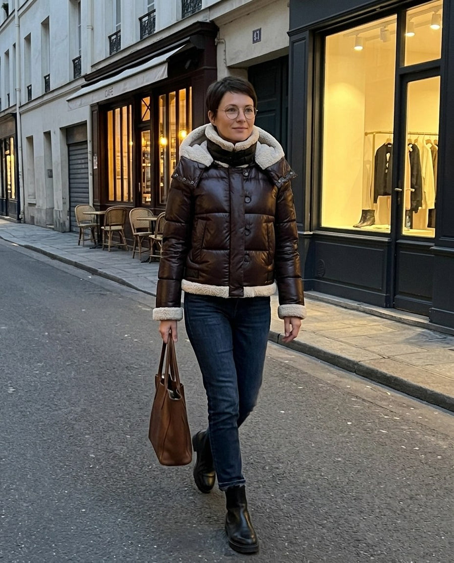 Agnes, kort pufferjacka med fuskpälsdetaljer för dam i mörkbrun, stylinginspiration en kväll i stan