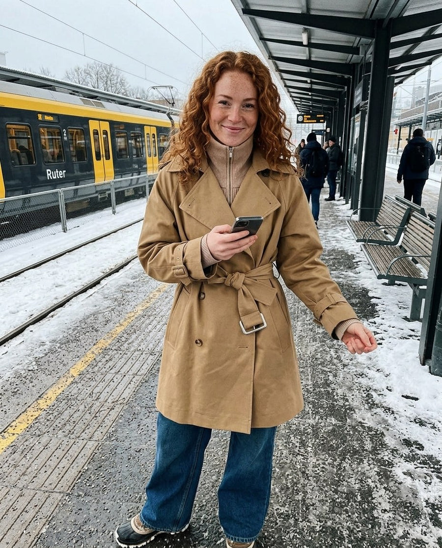 Elin, kort trenchcoat med skärp för dam i beige, stylinginspiration på en perron