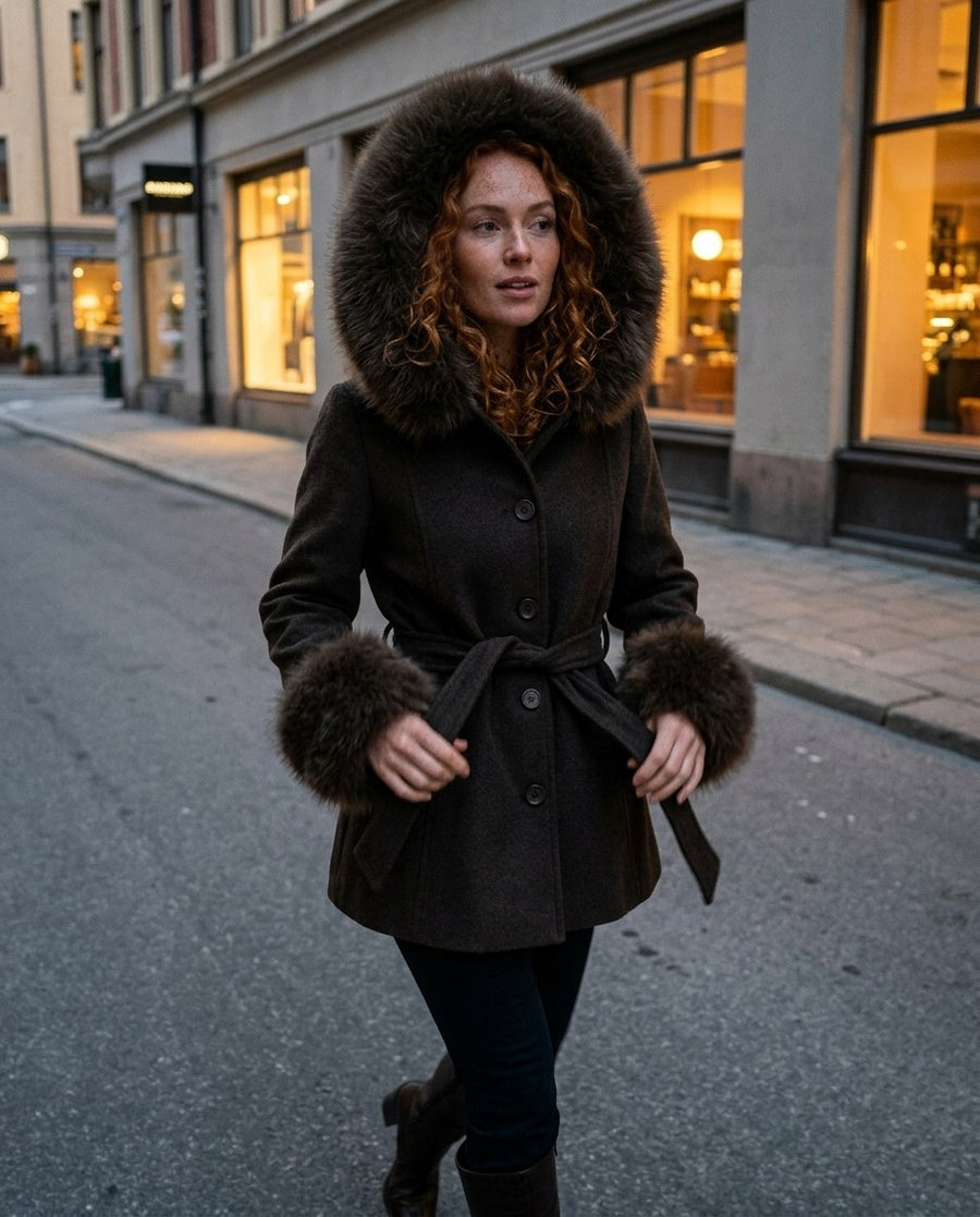 Kvällspromenad i stan i brun kappa med fuskpälshuva