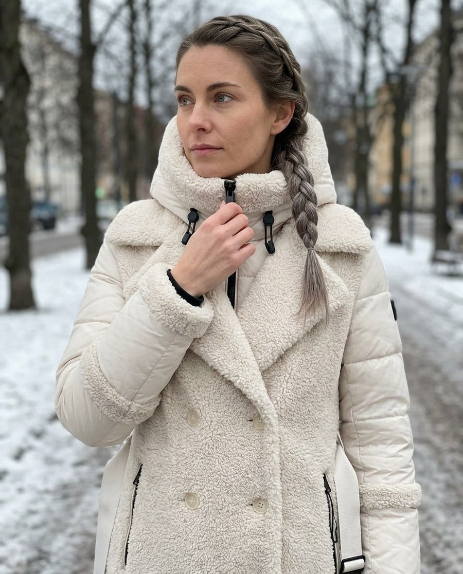 Sigrid, lång 2-i-1-kappa i teddy med avtagbar innerjacka för dam i gräddvit, stylinginspiration närbild på materialet