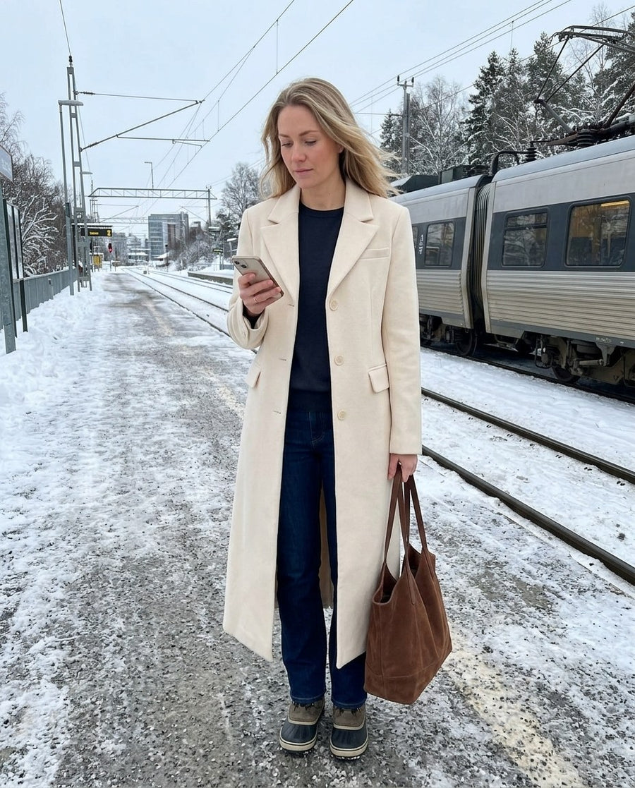 Majken, lång figursydd kappa för dam i ljusbeige, stylinginspiration på en perron