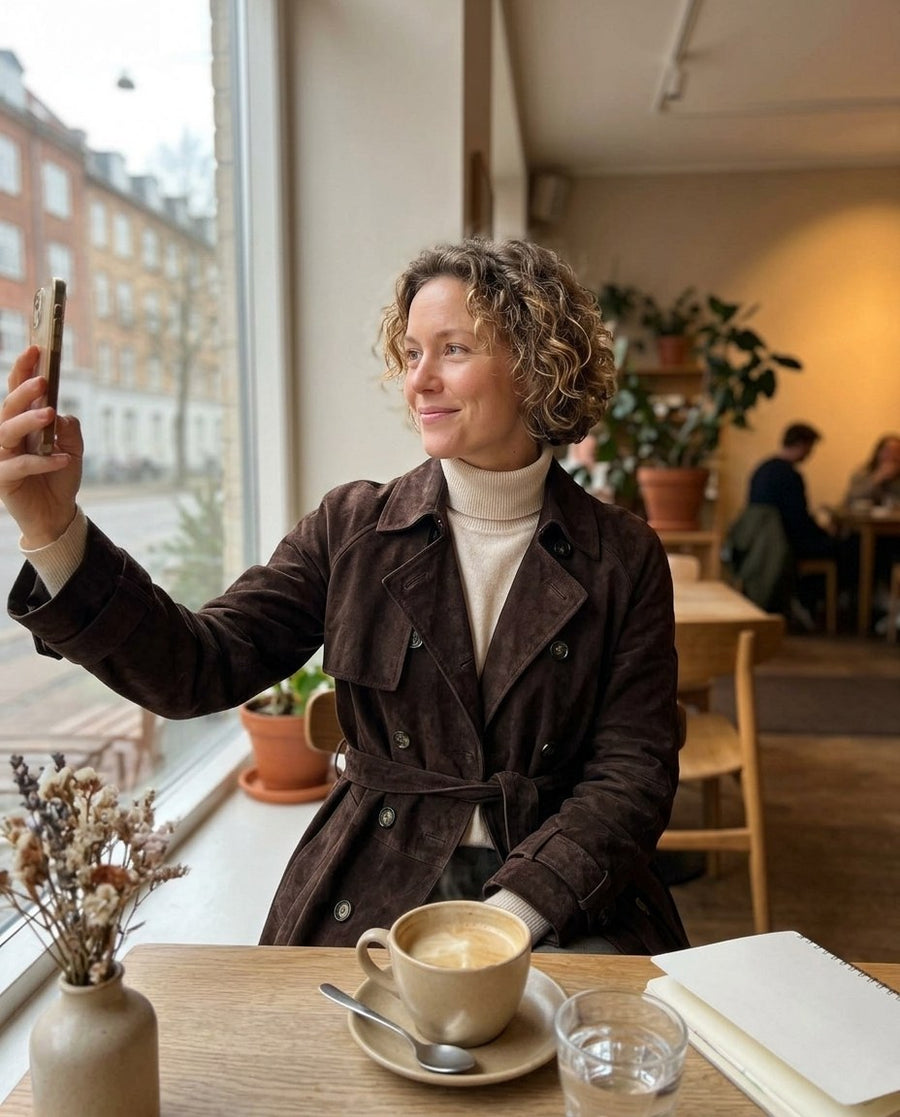 Edith, lång trenchcoat i mockaimitation för dam i mörkbrun, stylinginspiration på ett kafé