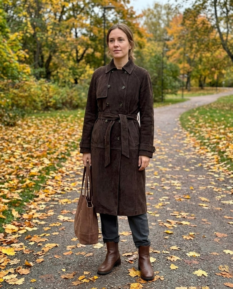 Edith, lång trenchcoat i mockaimitation för dam i mörkbrun, stylinginspiration i en höstpark