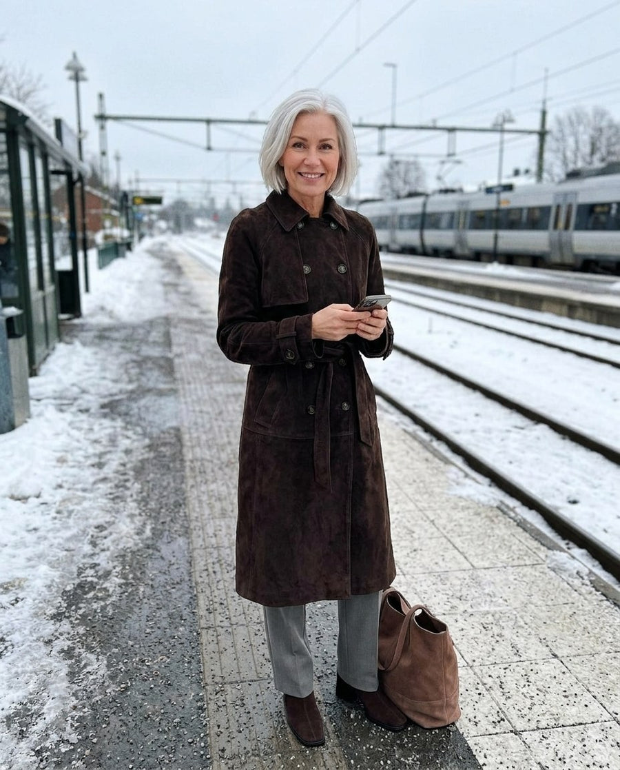 Edith, lång trenchcoat i mockaimitation för dam i mörkbrun, stylinginspiration på en perron
