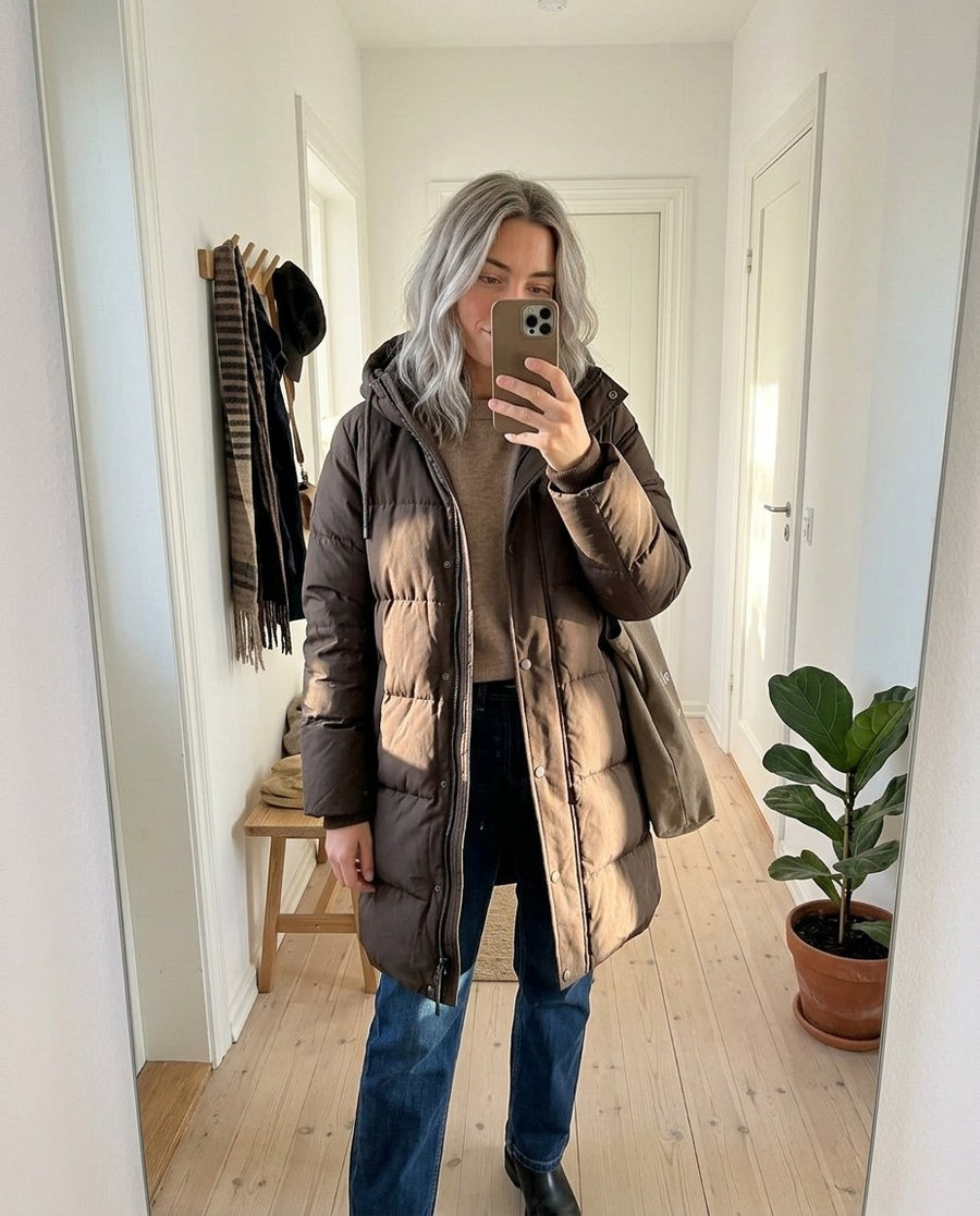 Tyra, lång vadderad jacka med huva för dam i brun, stylinginspiration spegelbild i hallen