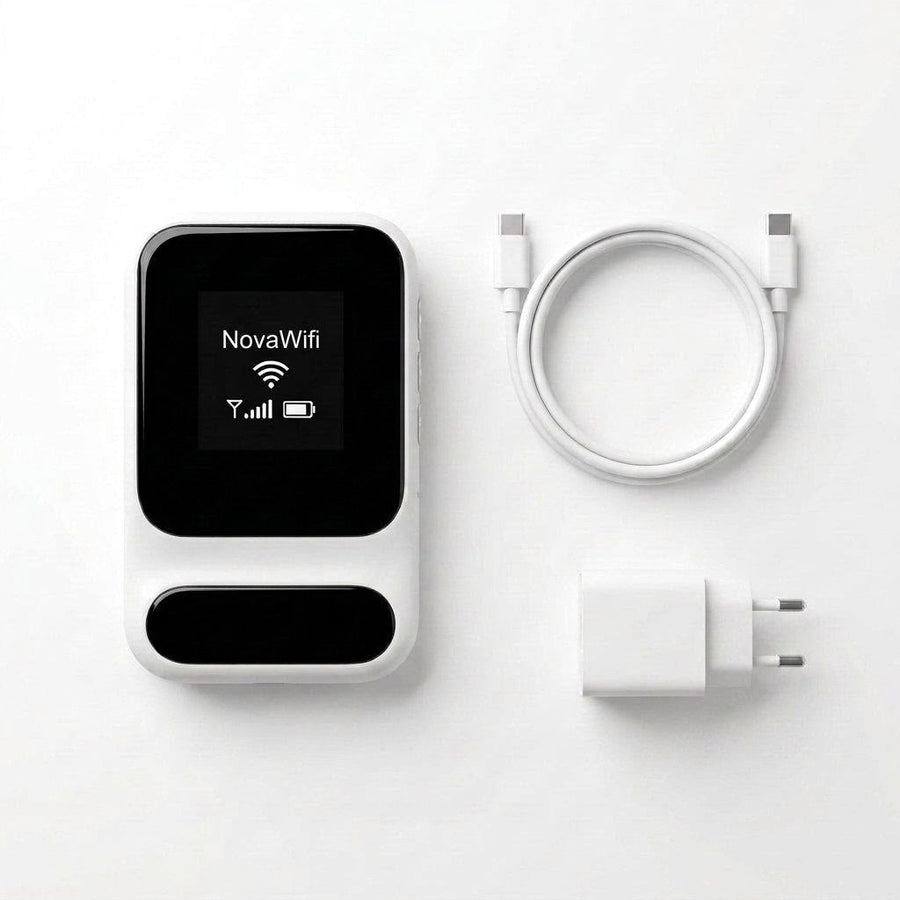 NovaWifi avec son chargeur européen et son câble USB-C inclus, posés à plat