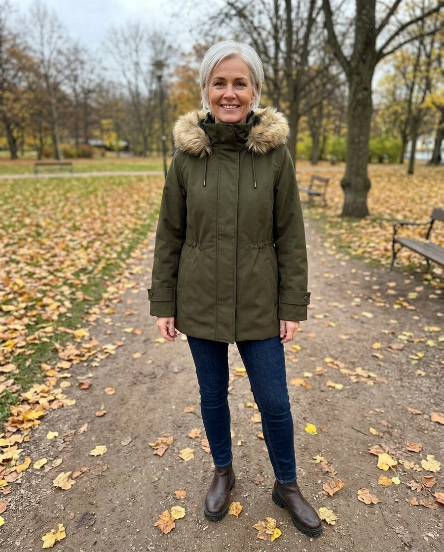 Ellen, parkas med huva för dam i mörkgrön, stylinginspiration i en höstpark