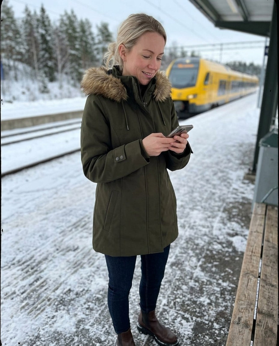Ellen, parkas med huva för dam i mörkgrön, stylinginspiration på en perron