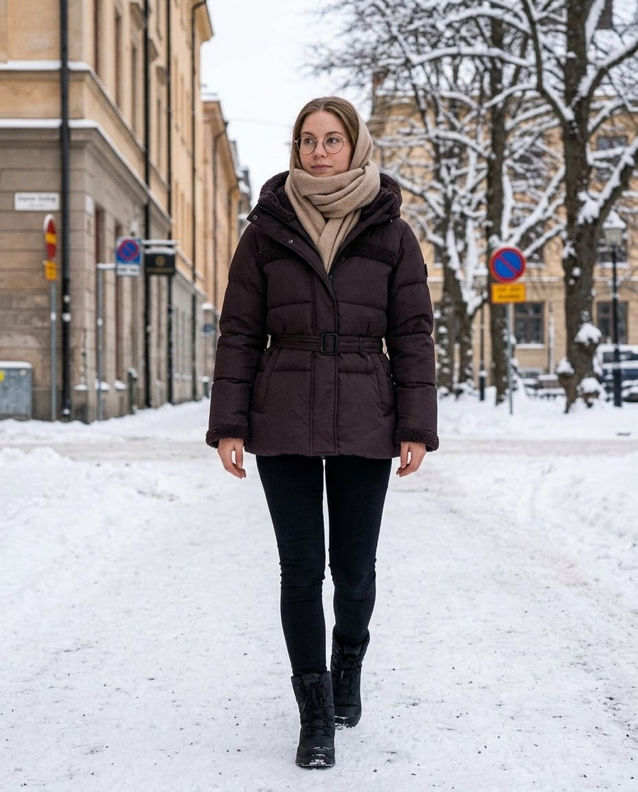 Signe, vadderad 2-i-1-jacka med huva för dam i mörkbrun, stylinginspiration på en snöig gata