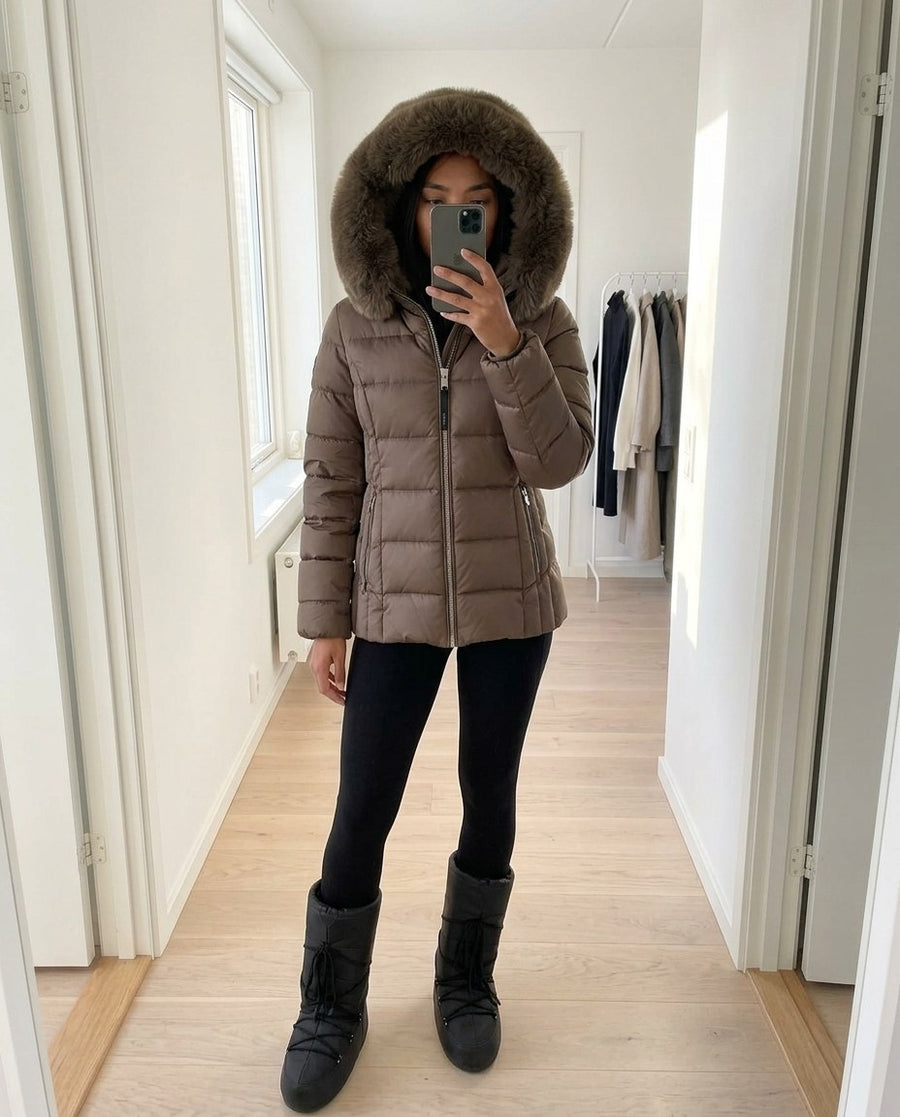Wilma, vadderad jacka med fuskpälshuva för dam i brun, stylinginspiration spegelbild i hallen